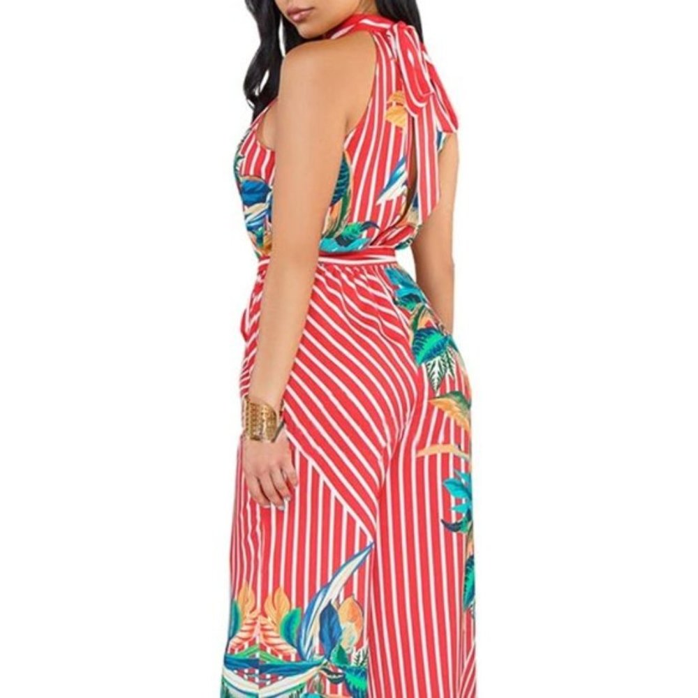 NWT High Neck Wide Leg Tie Waist Tropical Jumpsuit - Picture 2 of 6